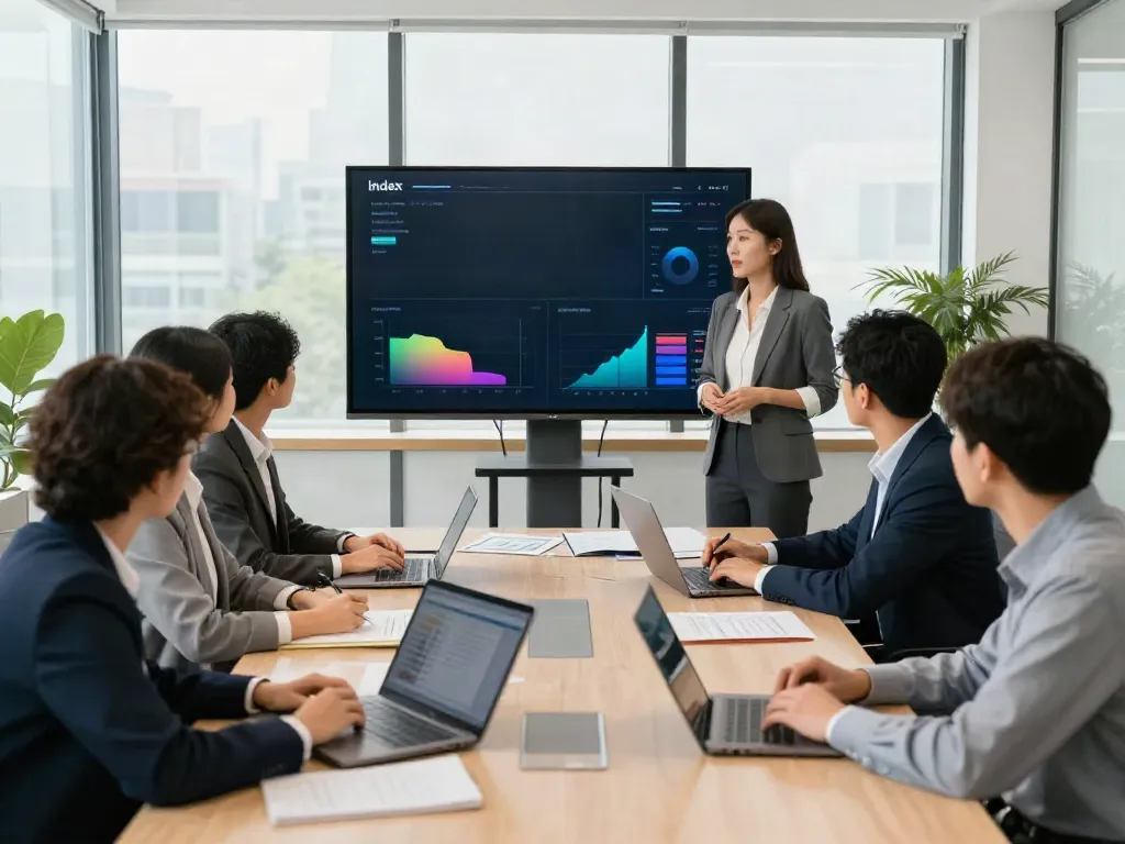 Business team analyzing index metrics in a modern conference room.